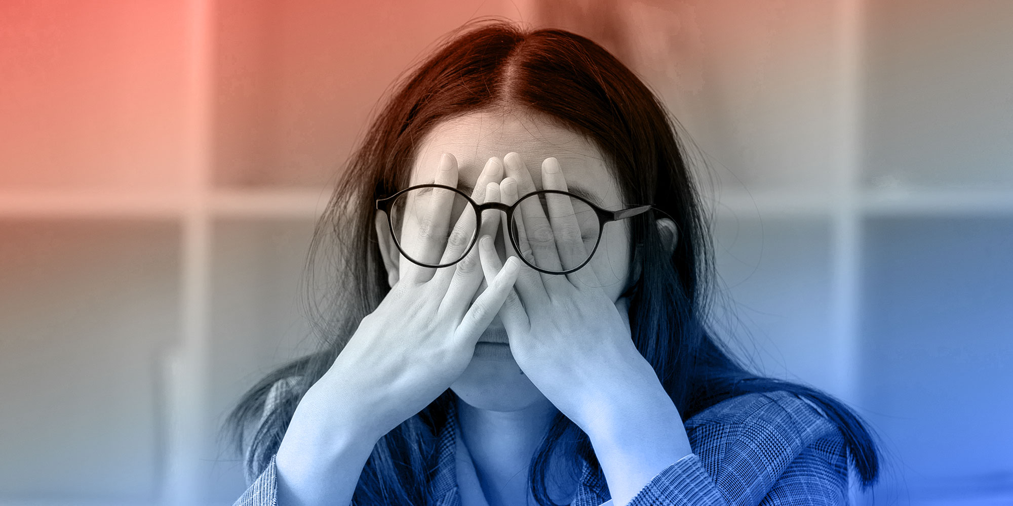 single design with a woman looking stressed, her hands are underneath her glasses and she seems very upset.