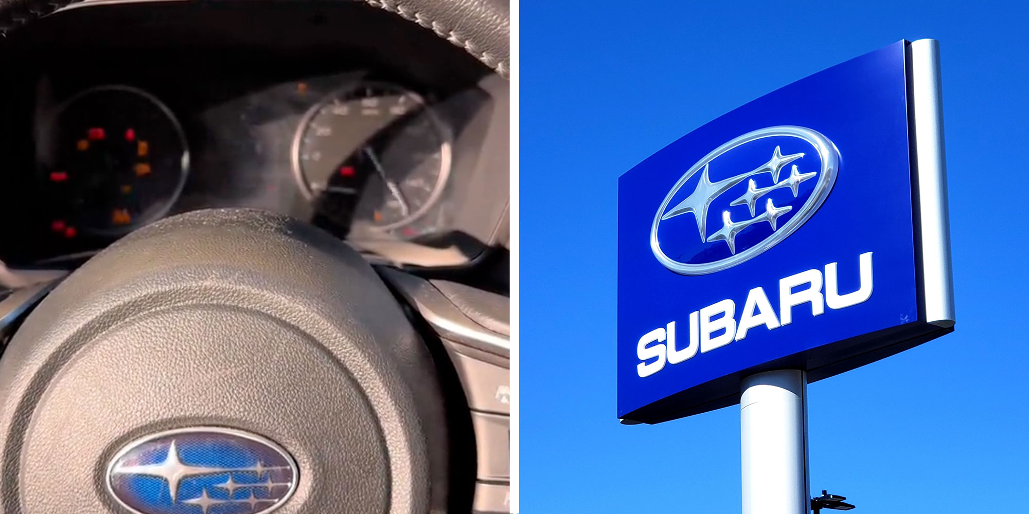 Two panel design with a dash and wheel from a car in one and the Subaru sign in the other