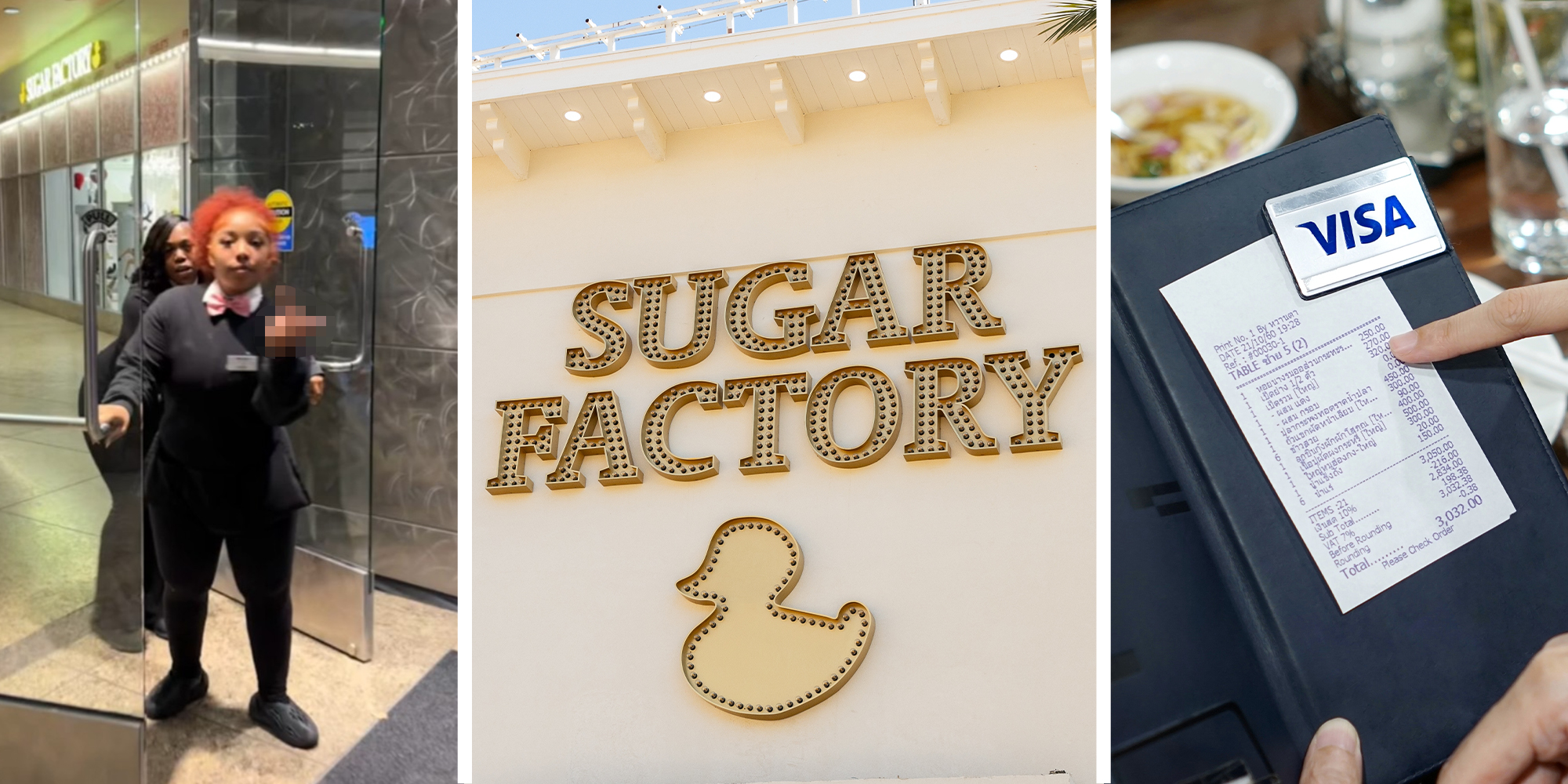 Sugar Fix Worker showing obscene hand gesture(l) Sugar Factory Sign(c) Restaurant Bill(r)