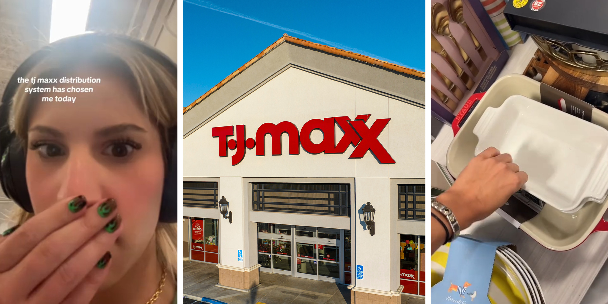 TJMAXX Customer Shocked(l) TJ MAXX Store(c) Woman showing dishes at TJ Maxx