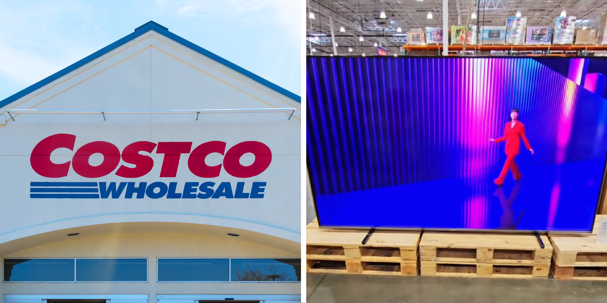 split screen image: on one side is the exterior of a Costco store, on the other we see a large screen TV displayed inside a Costco store.