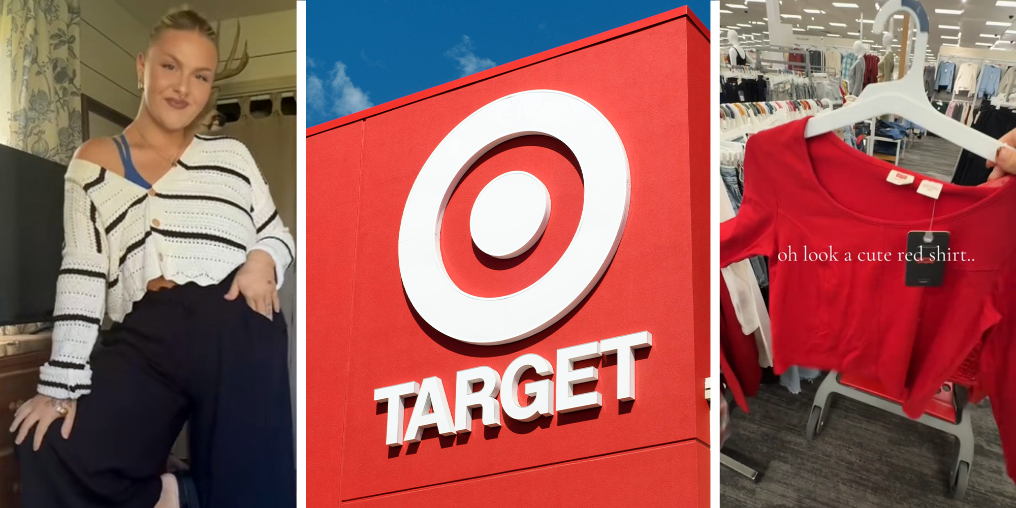 Woman posing with new outfit(l) Target Store Sign(c) Target Red Shirt(r)
