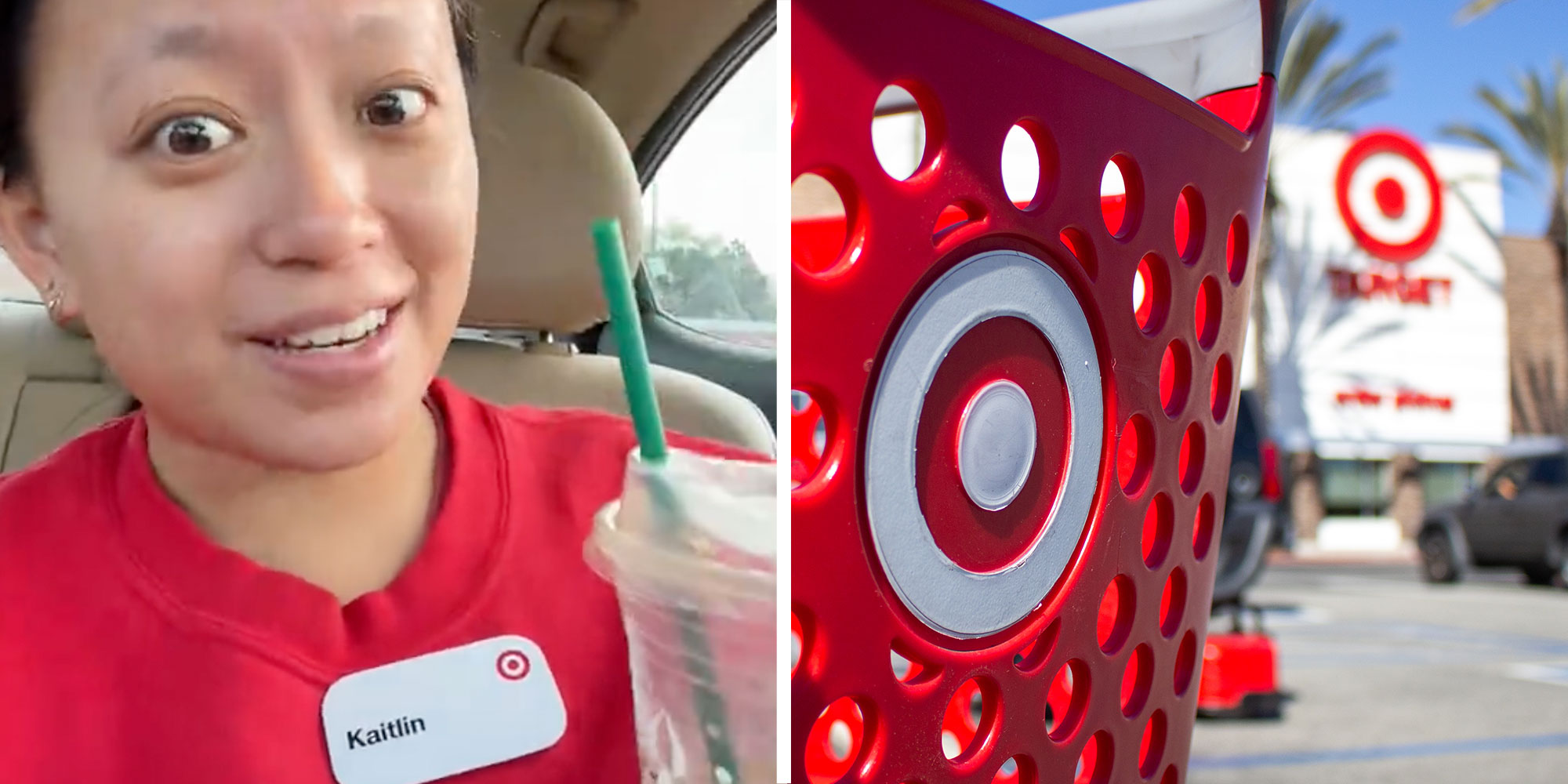 Two panel design with a target worker form inside of her car, she is talking at the camera. The 2nd panel is a close up of a Target basket from outside of the store.