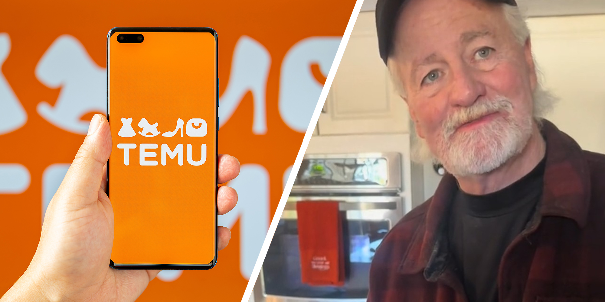 Hand Holding up Phone with Temu Brand on display(l)Man Smiling(r)