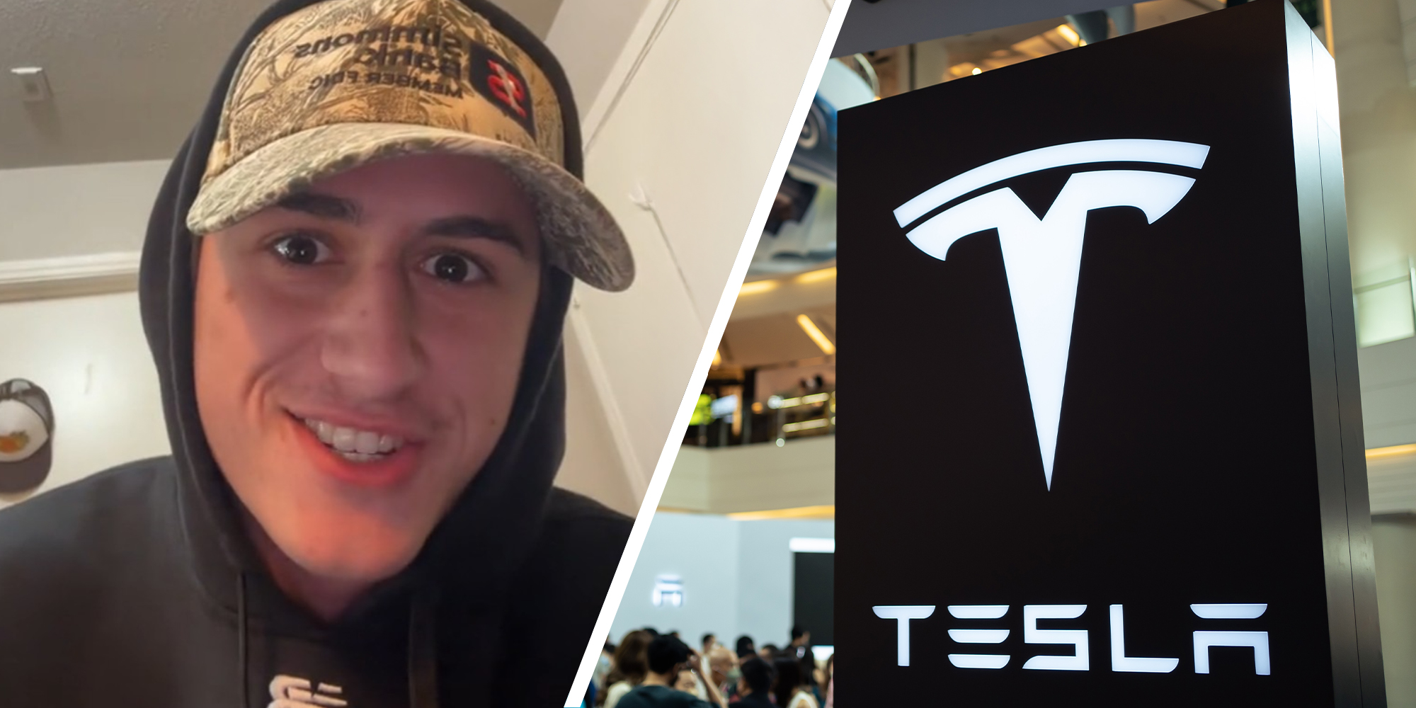 Man sharing a story on TikTok(l) Tesla Sign(r)