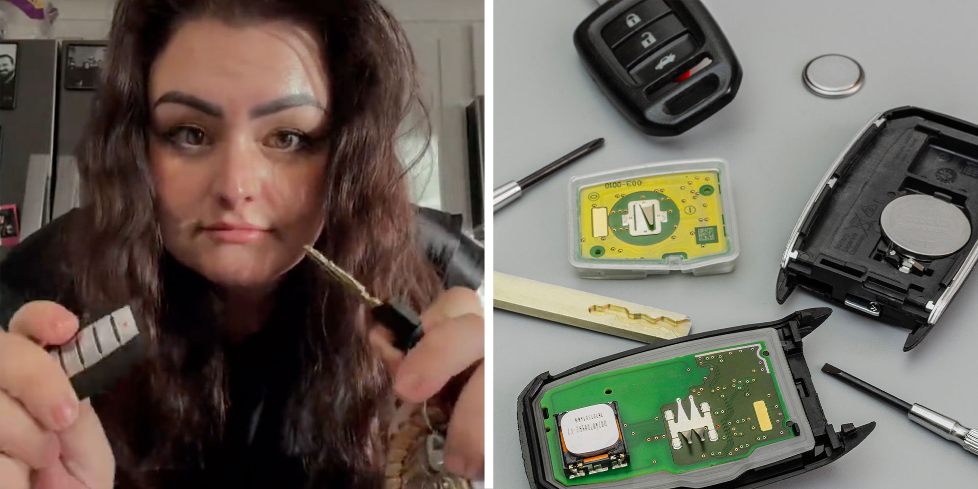 Two panel design with a woman showing how to use a key fob in one, and a dissembled ca key fob
