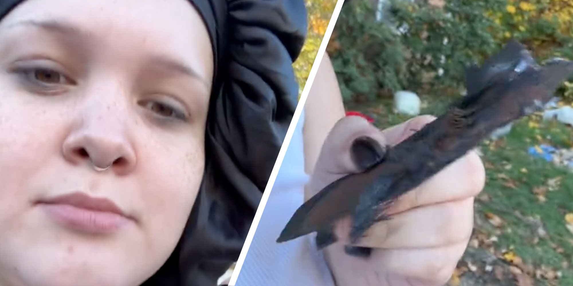 Two panel design with one showing a close up of a woman who does not seem impressed, and in panel two is the woman holding a very thin piece of metal.