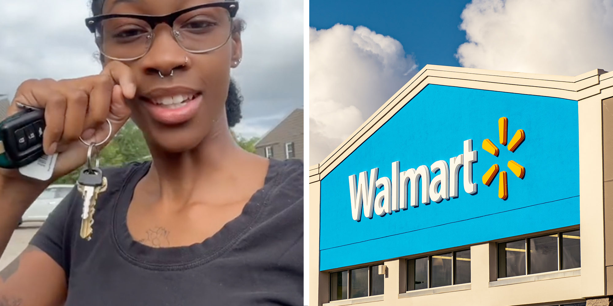 Two panel design with one showing a woman with keys in her hand, she appears to be talking at the camera. The 2nd panel is of a Walmart retail store from outside