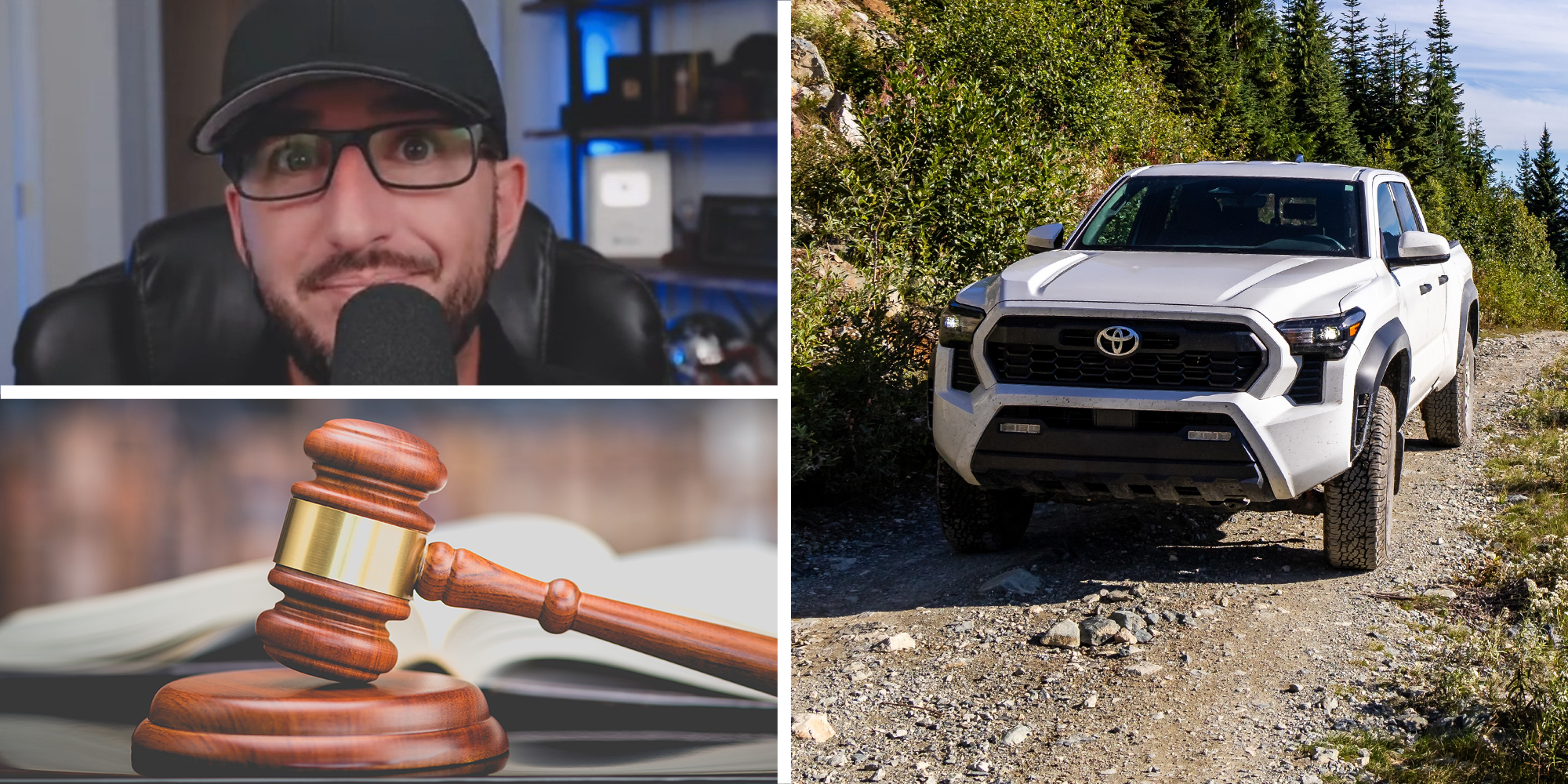 TikToker sharing lawsuit(Left Top) Gavel(Left Bottom) Toyota Tacoma (Full Right)