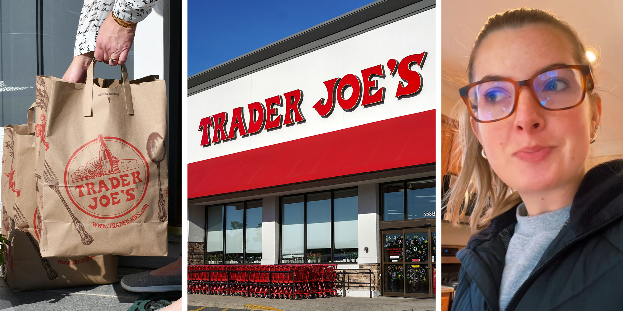 Bag from Trader Joes(l) Trader Joes Store Front(c) Woman Sharing her experience with Trader Joes(r)