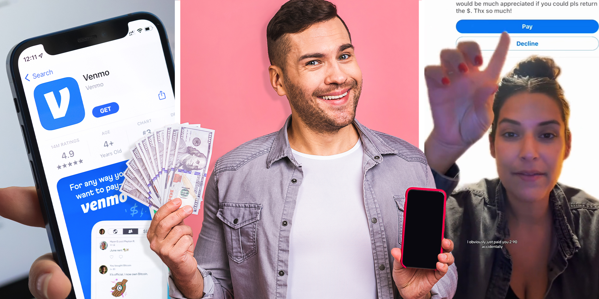 Venmo app on display(l) Man holding up a phone and cash(c) Woman pointing at green screen background of Venmo Pay app(r)