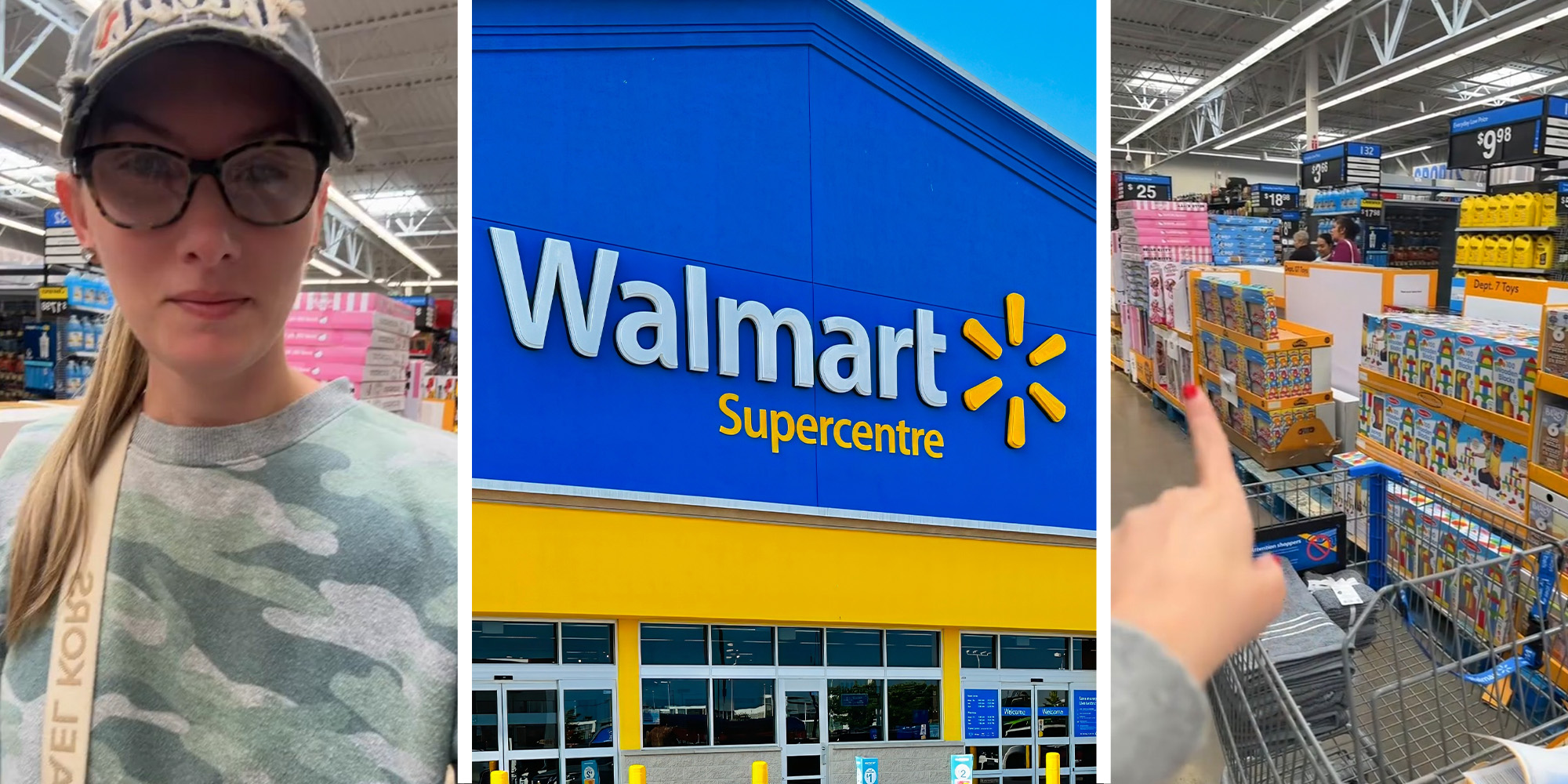 Woman inside Walmart(l) Walmart Store Front(c) Woman pointing at Walmart Store Products(r)