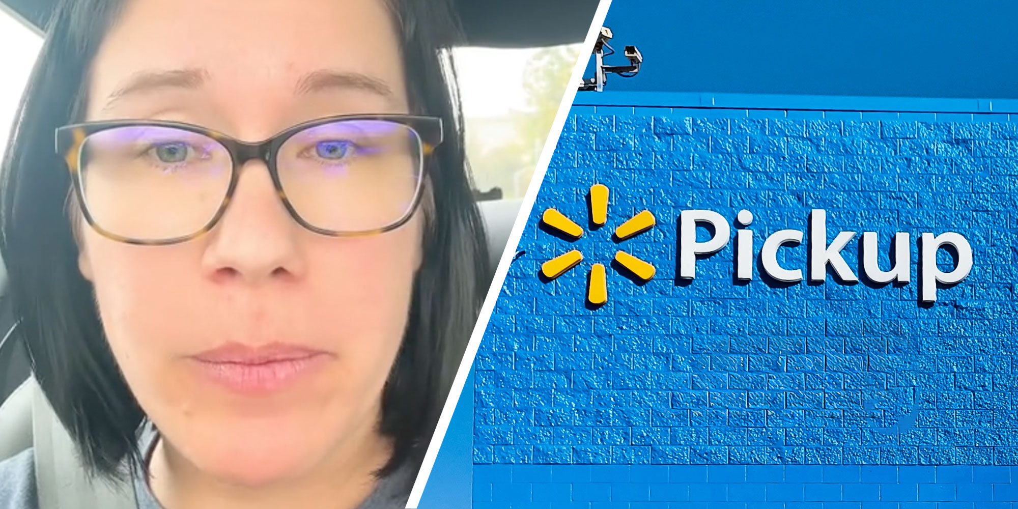 Two panel design with one showing a woman looking at the camera, she has glasses on. The 2nd is of a Walmart Pickup Sign