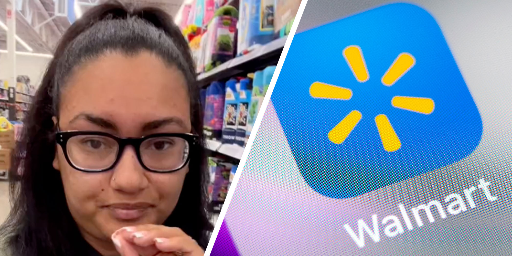 Two panel design with one showing a woman inside of a retail store, the other other of a Walmart app on a phone screen.