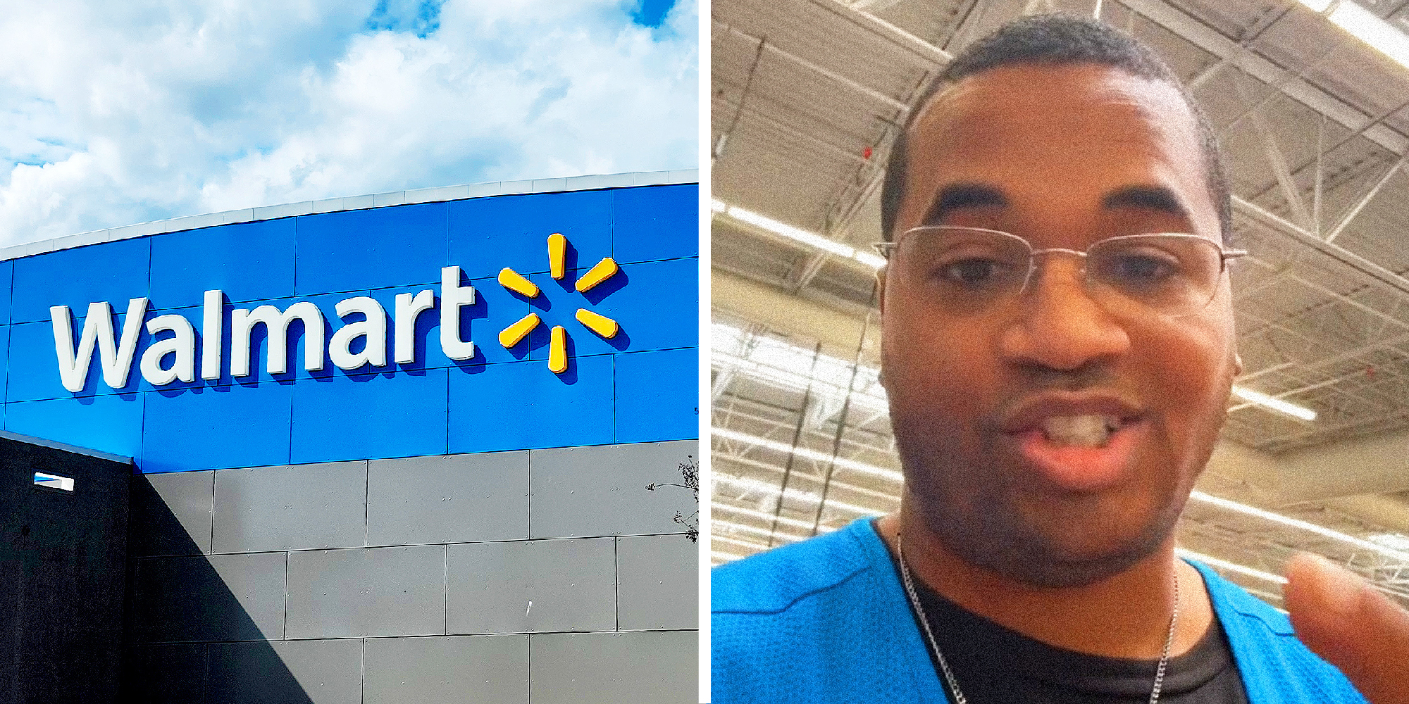 Two panel image. One the left we see the exterior of a Walmart store. On the right a Walmart employee talks.