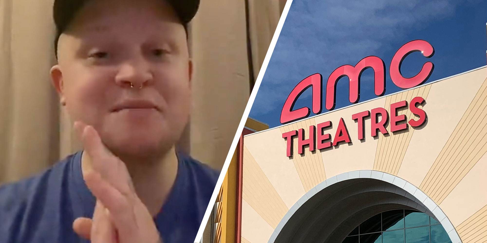 A two panel design with a man giving a prayer hands and looking at the camera in one, and the AMC Theater sign in the other.