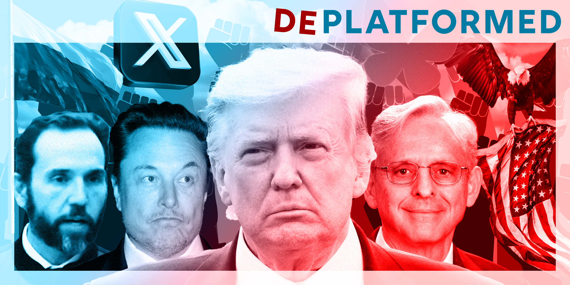 donald trump, elon musk, jack smith, merrick garland, russia flag, america flag carried by eagle raised fists, x logo, blue sky logo and cloud backdrop