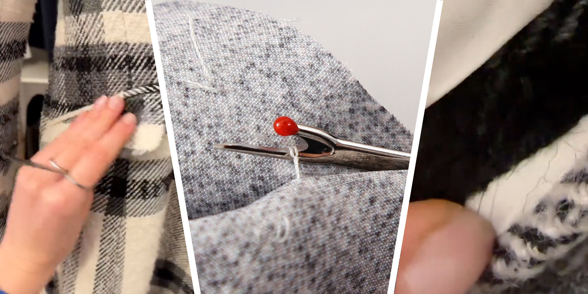 Three panel design with panel one showing someone holding a pocket, the middle panel shows a seam-ripper in action, with the final panel showing a close up of a the pocket.