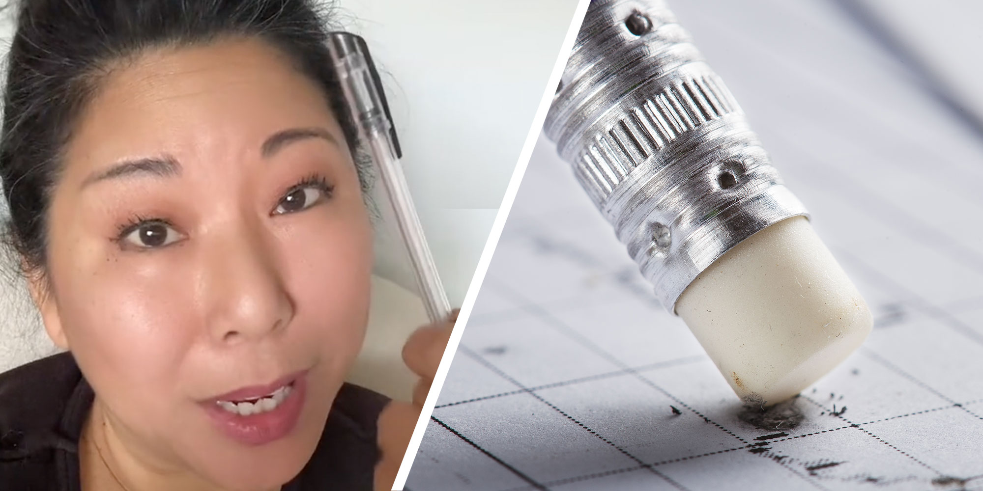 Two panel design with a woman holding up a pen in one, and a close up of an eraser in the other