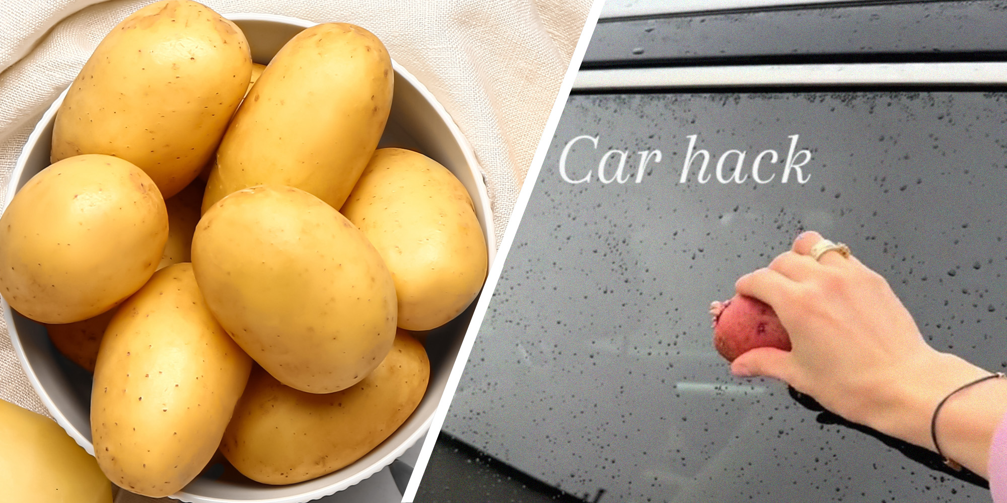 Bowl of Potatoes (l) Rubbing Potatoes on wind shield of a car(r)