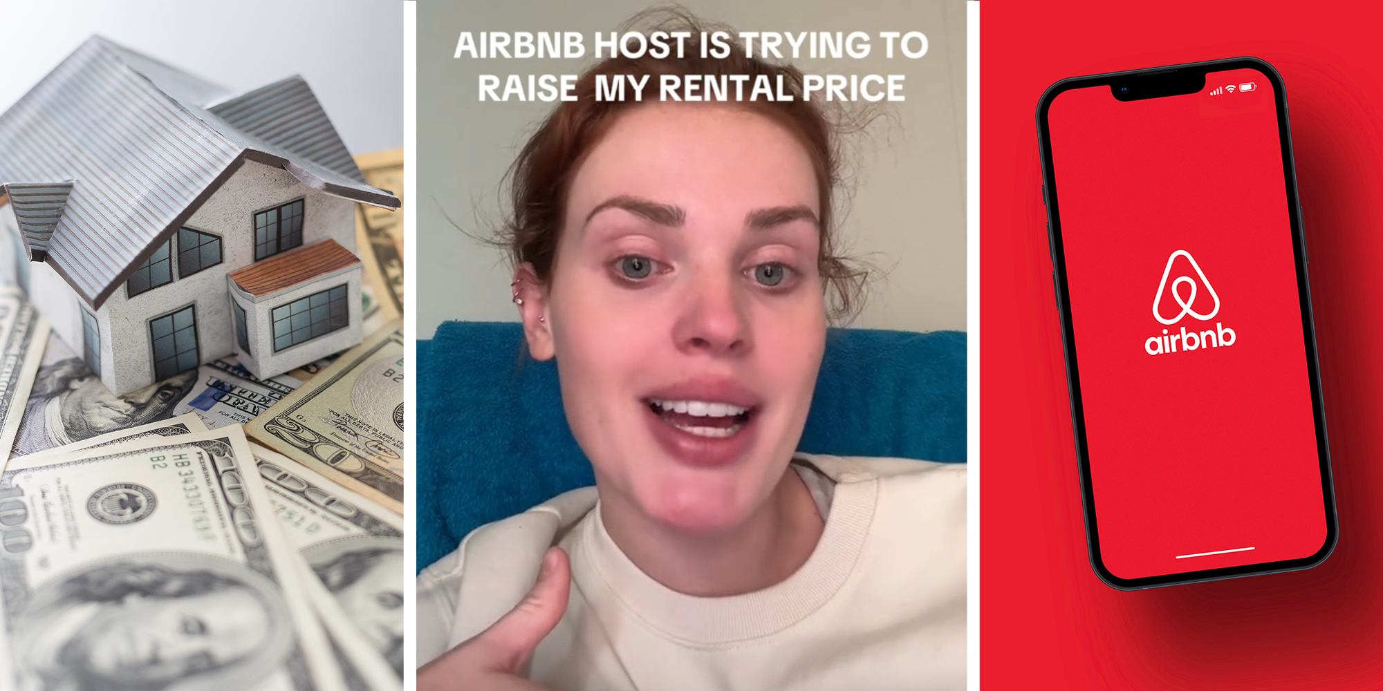 Display house with money all around(l) Woman sharing her AirBnb Experience(c) Phone with pink background with Airbnb logo on display(r)
