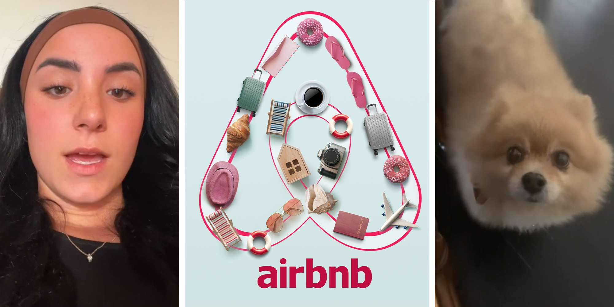 woman sharing her Airbnb experience on TikTok(l) Airbnb logo with icons(c) small cute puppy(r)