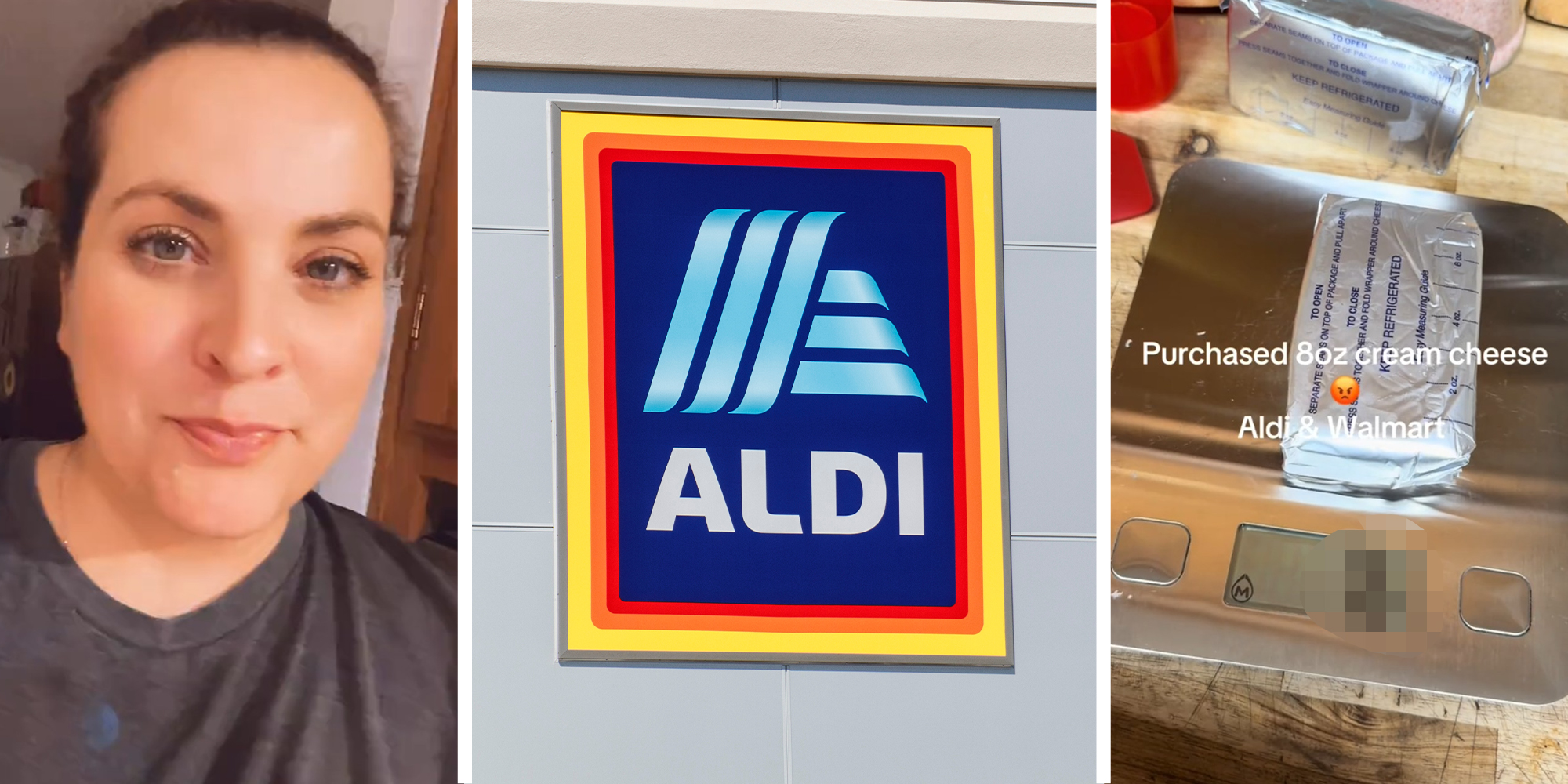 woman shares story on TikTok(l) Aldi Store Sign(c) Cream Cheese(r)