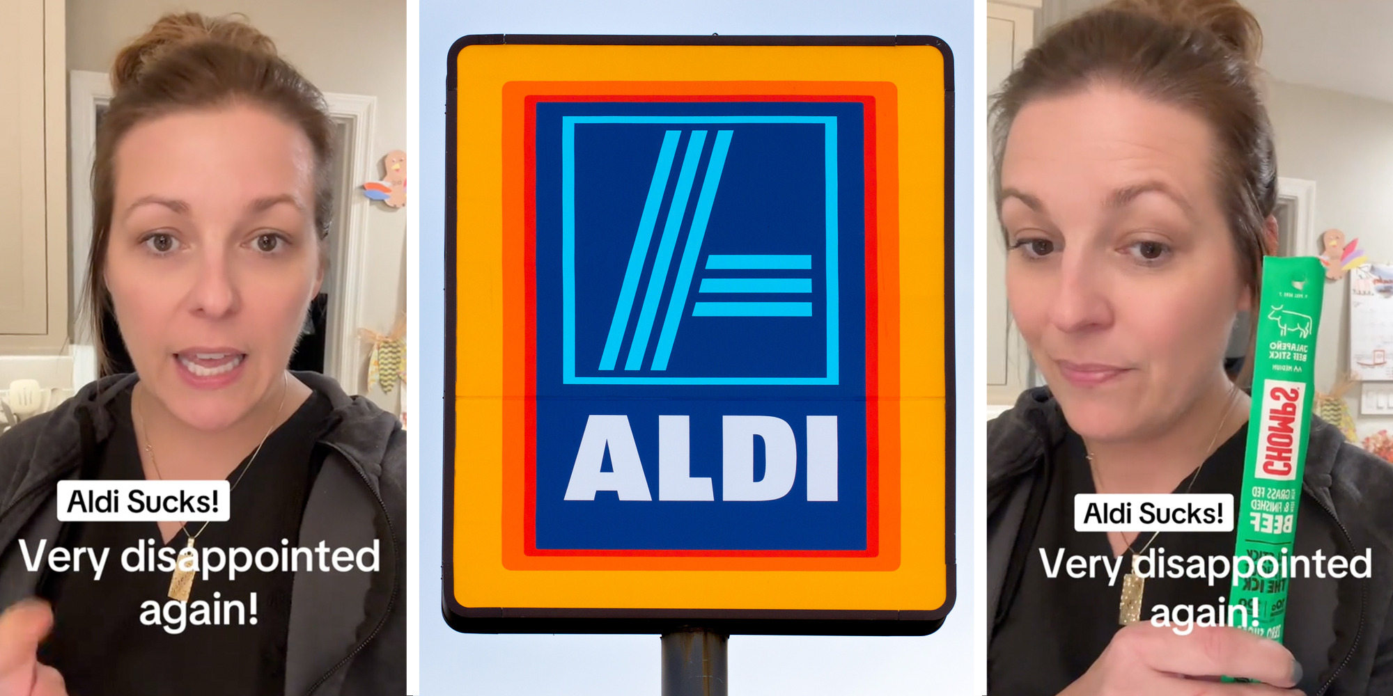 Woman talking with text that says "Aldi Sucks! Very disappointed again!"(l), Aldi sign(c), Same woman talking with same text but also holding chomps beef stick(r)