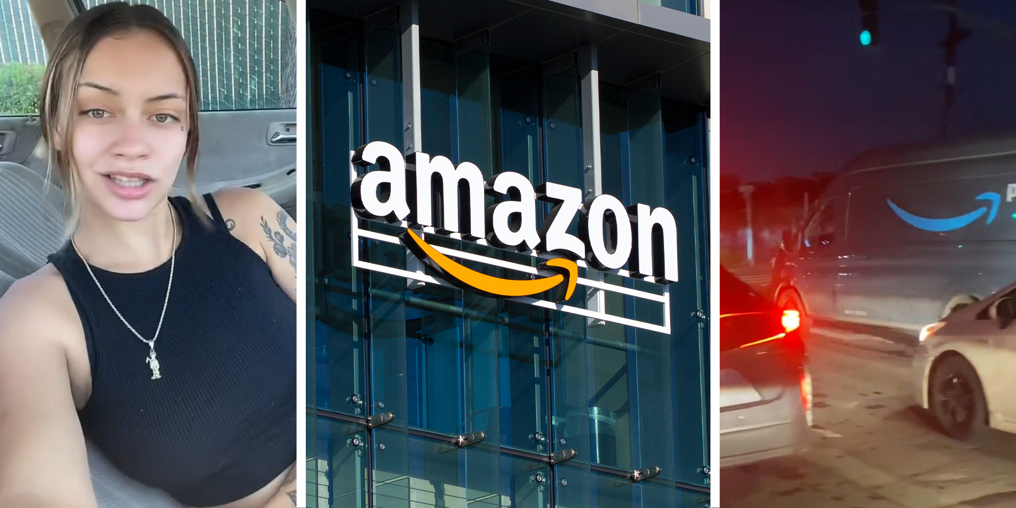 Woman shares what happened with amazon driver on TikTok(c) Amazon building sign(c) Amazon Van Driver(r)