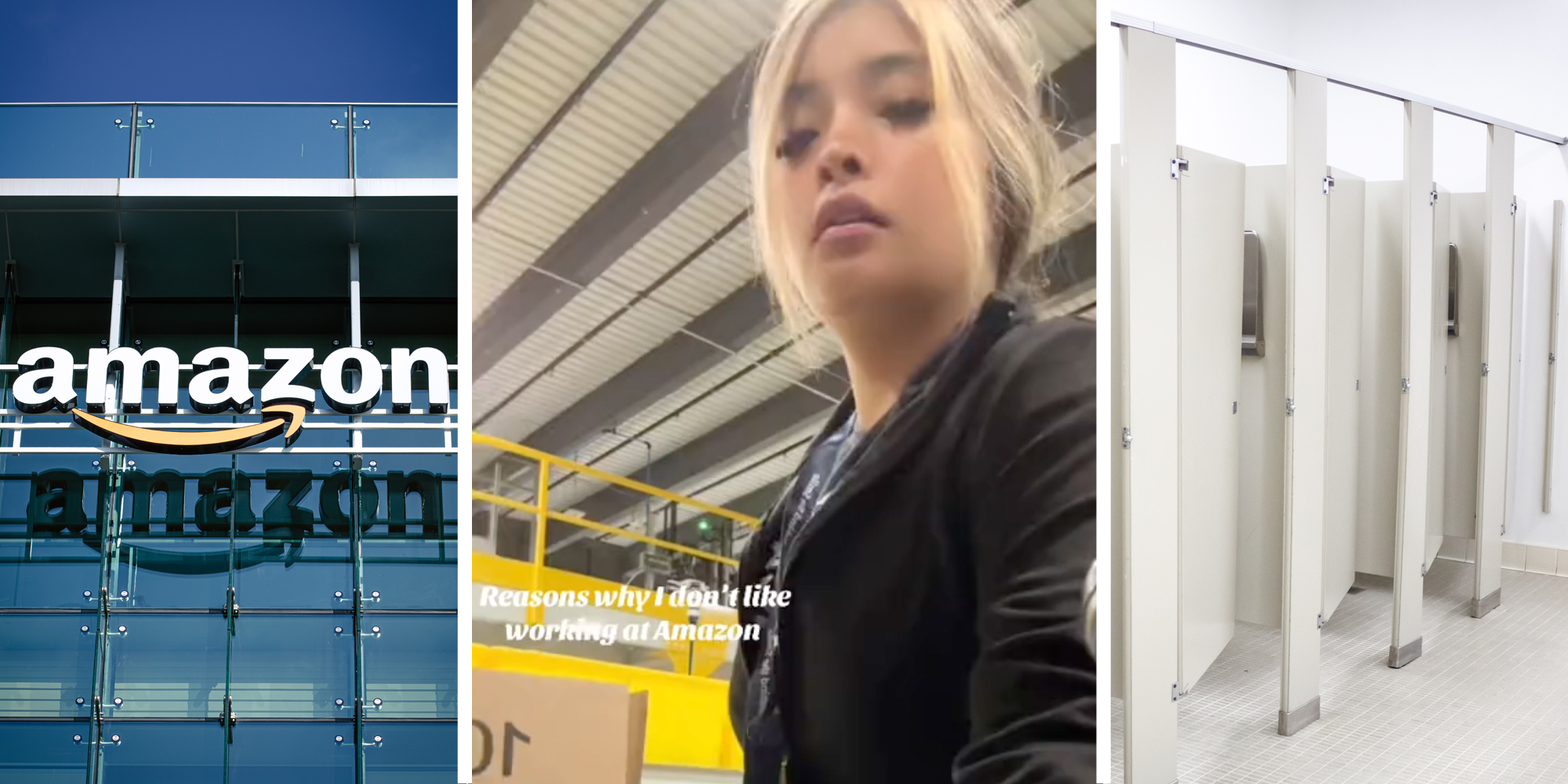Amazon HQ(l), Woman talking with text that says "Reasons why I don't like working at Amazon"(c), Bathroom stalls(r)