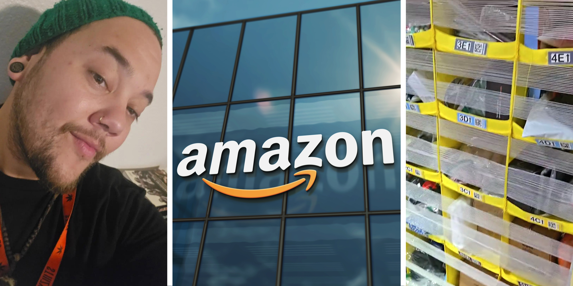 Man talking(l), Amazon HQ(c), Boxes(r)