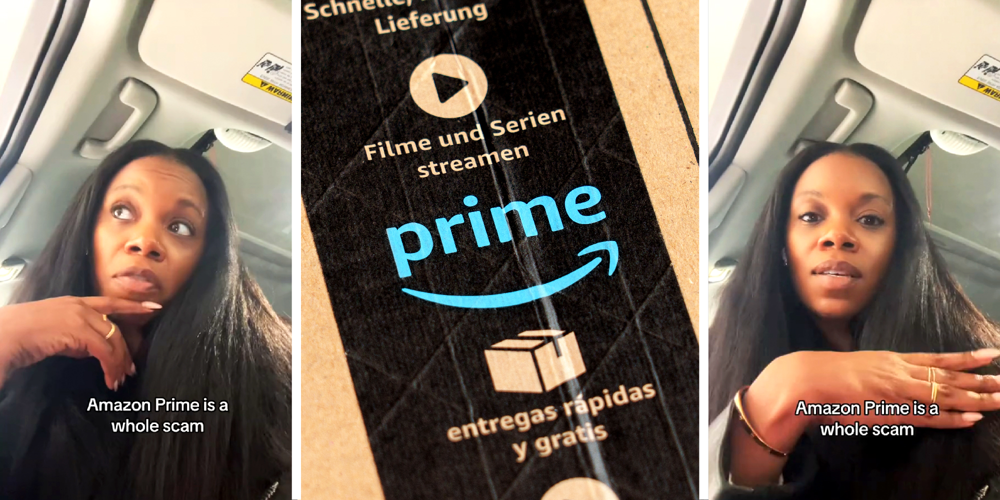 3 panel image, on the sides a person explains with text over that reads, " Amazon Prime is a whole scam". In the middle panel is a closeup of an Amazon Prime delivery box.