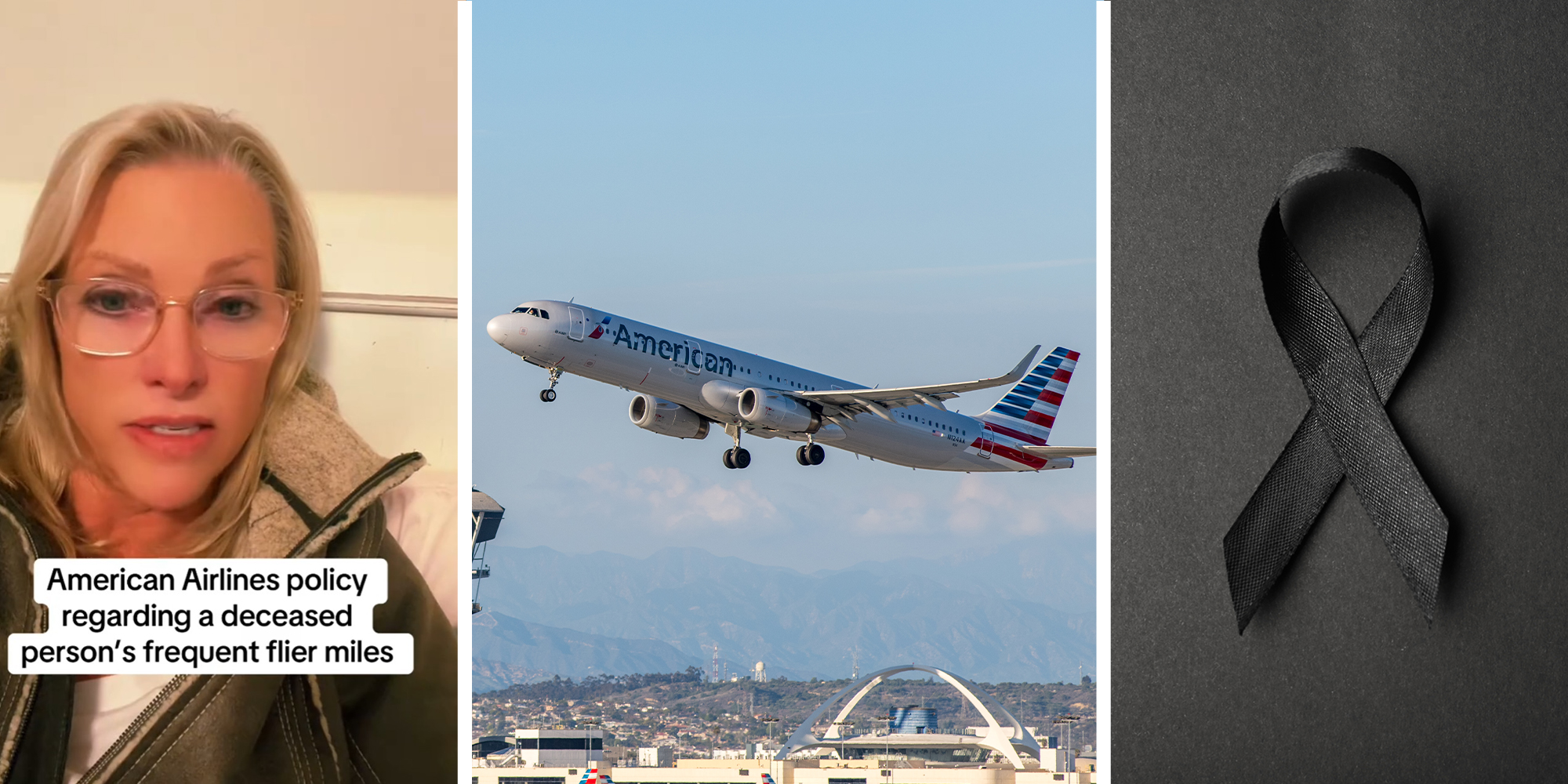 Woman sharing American Airlines Experience(l) Airplane with American Logo on it(c) Black Ribbon(r)