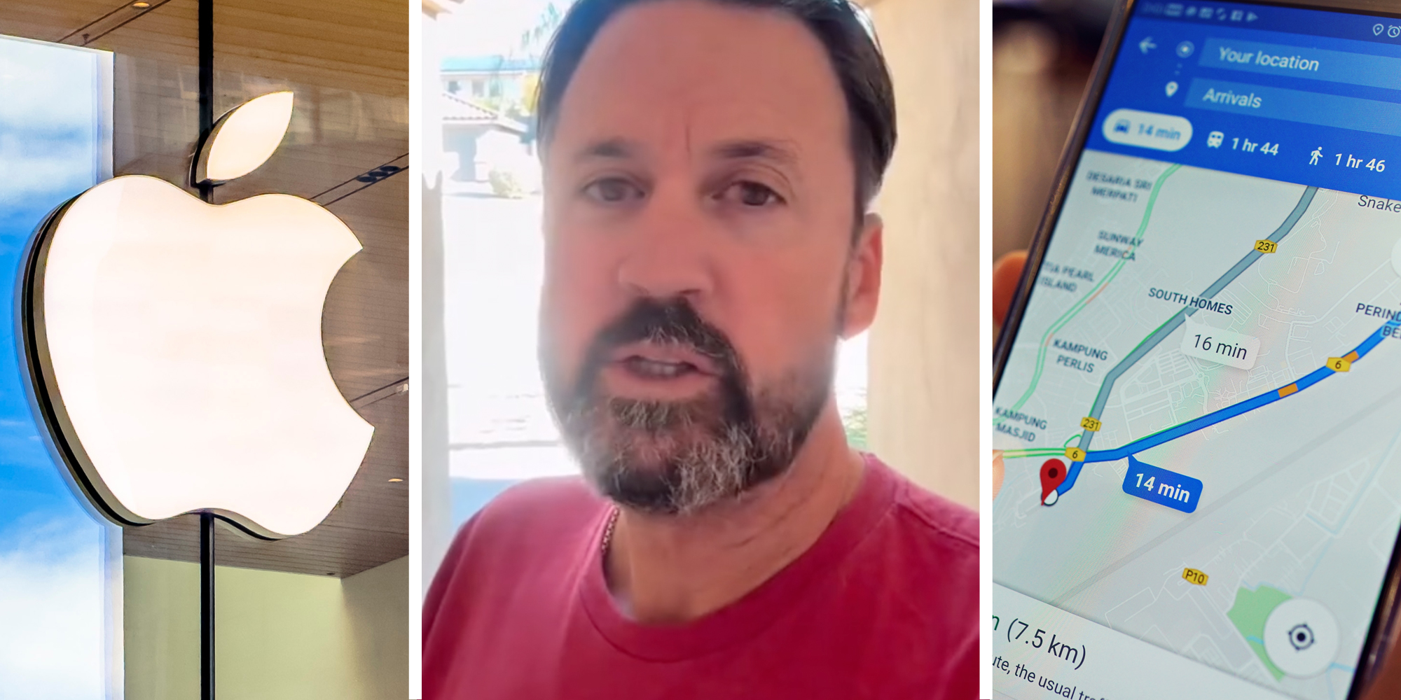 Apple logo(l), man talking(c), Google map app on phone(r)