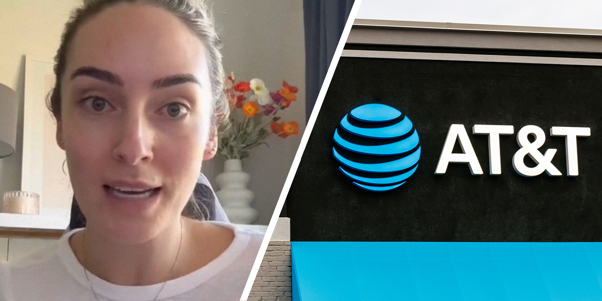 Woman sharing her experience with ATT(l) ATT Store Front Sign(r)