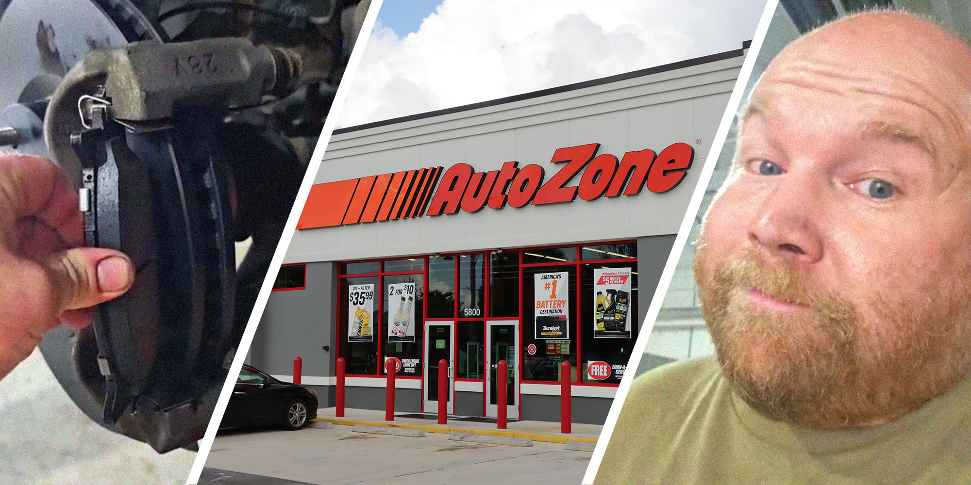 3 panel image. On the left is a hand touching a car brake part, in the middle is the exterior of an Auto Zone Car Parts store, on the right a person looks at the camera.