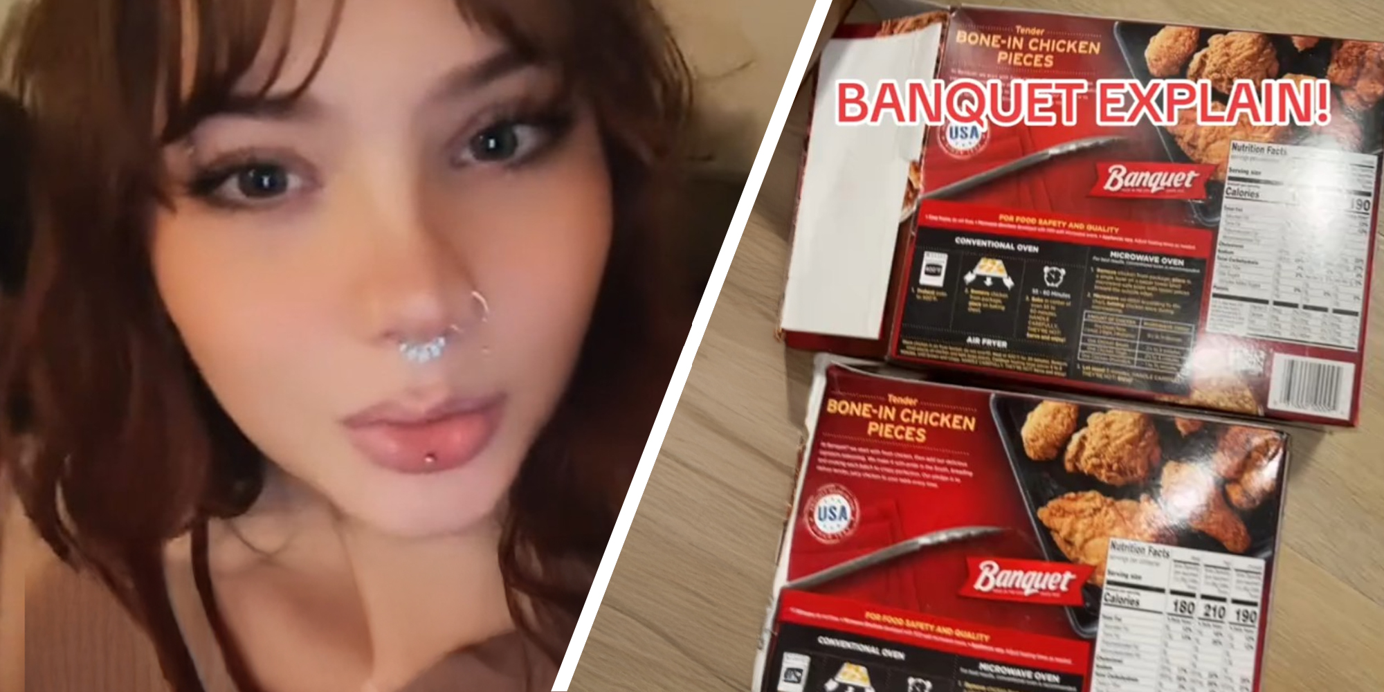 Woman shares on TikTok Banquet meals packaged Differences(l) Baquet Meals packaging(r)