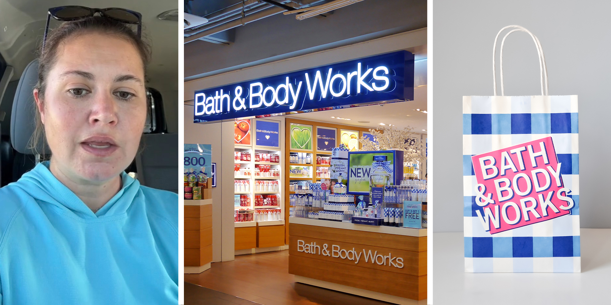 Woman shares her experience at Bath and Body Works(l) Bath and Body Works Store Front(c) Bath and Body Works Bag(r)