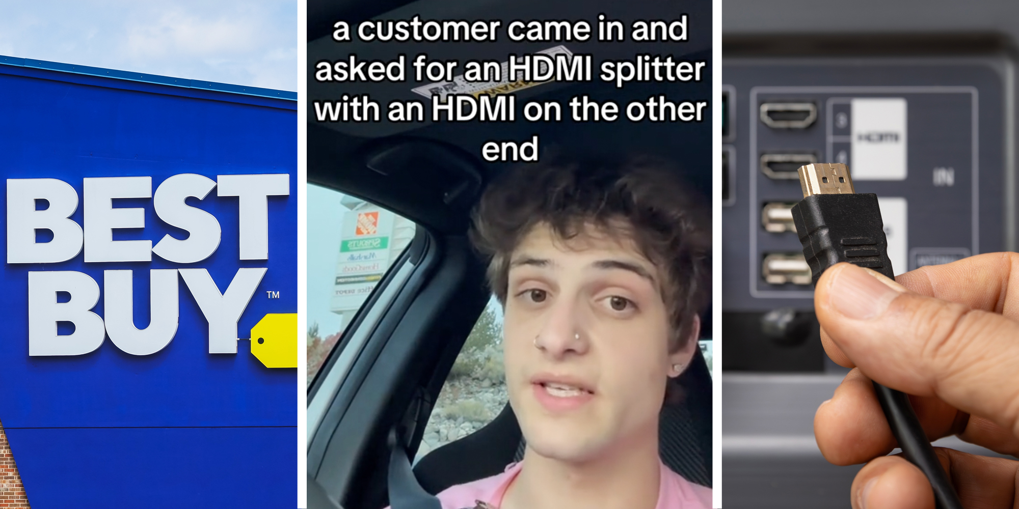 Best Buy storefront(l), Man talking with text that says "a customer came in and asked for an HDMI splitter with an HDMI on the other end"(c), Hand holding HDMI cable(r)