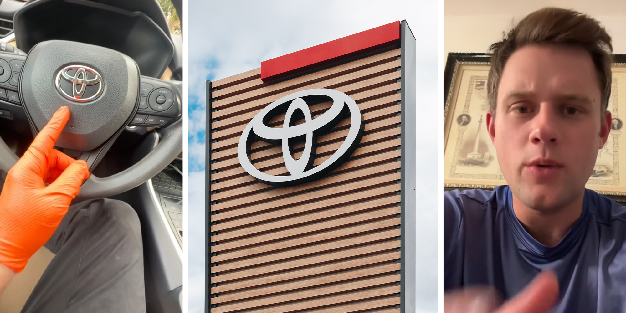 person wearing orange glove pointing at steering wheel(l) Toyota Dealer Sign(c) Mechanic sharing best car brand(r)