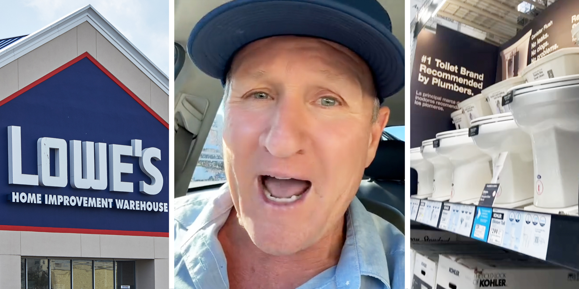 Lowe's storefront(l), Man talking(c), Row of toilets(r)