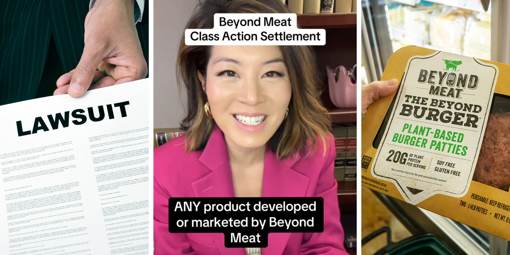 Person showing paper with the words "Lawsuit" in bold black lettering(r) Woman sharing Beyond Meat Class Action(c) Holding up Beyond Meat Burger packaging(r)