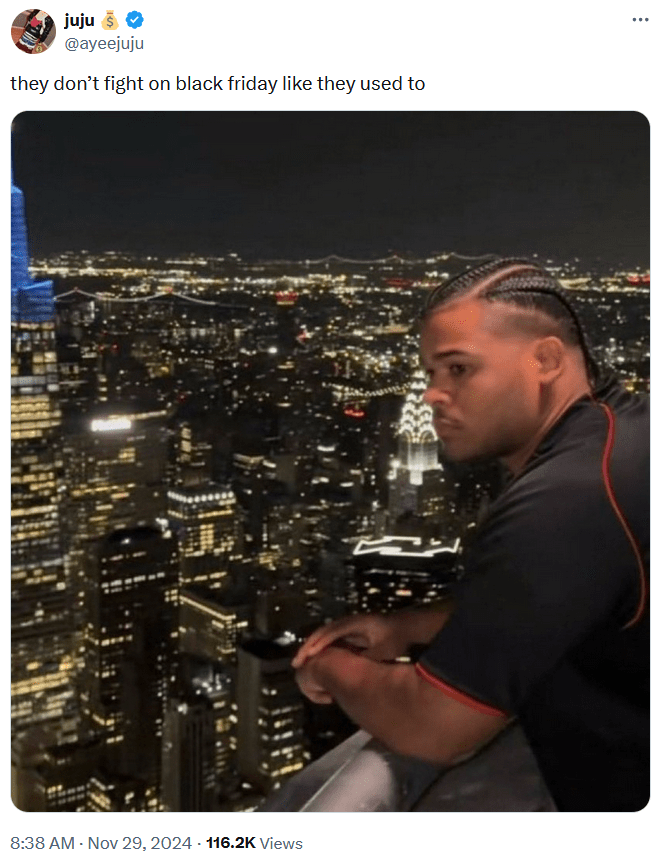 Tweet with a photo of a man looking sadly out over a balcony.