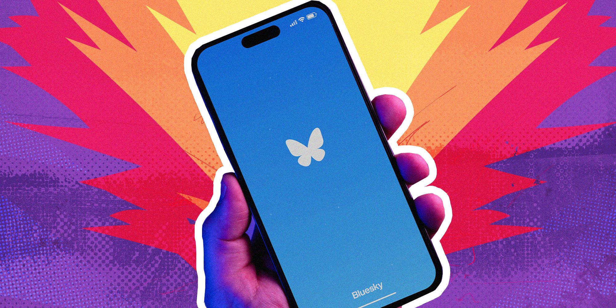 Hand holding up iPhone with BlueSky app on Display