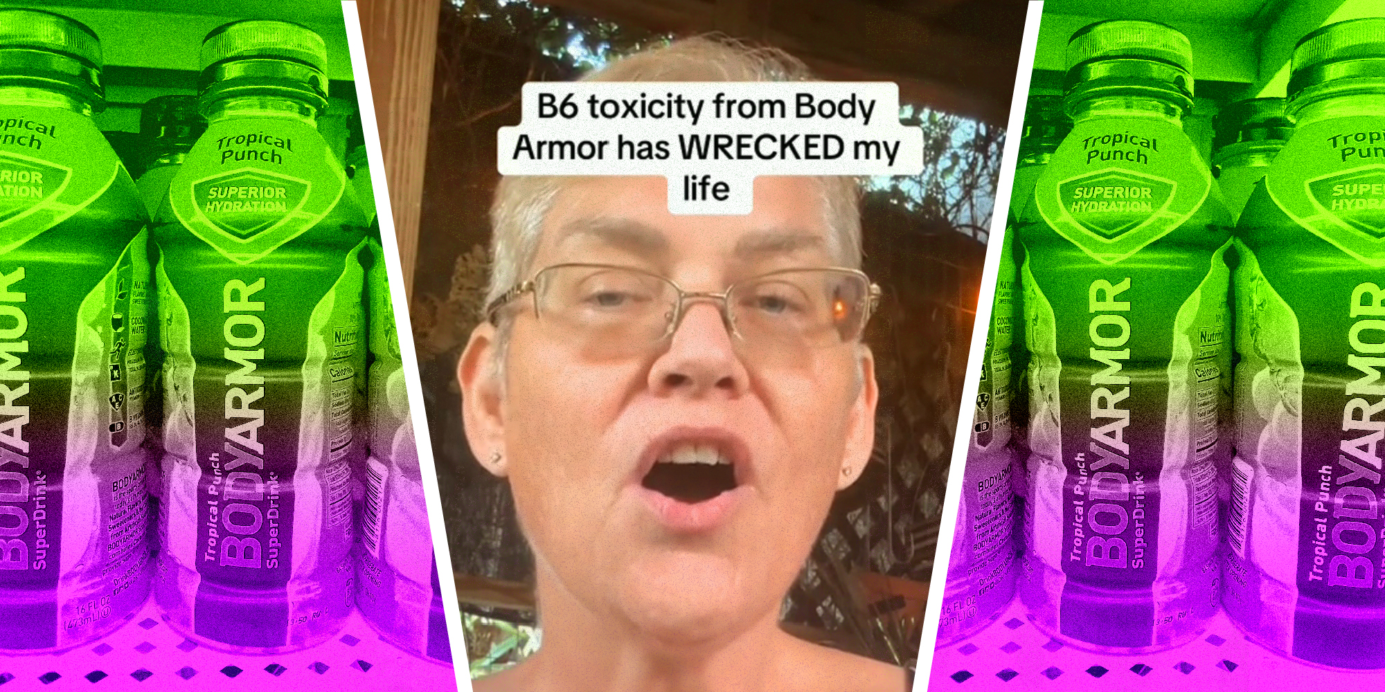 Behind a backdrop of body armor drinks on a shelf a person speaks. The text over reads, " B6 toxicity from Body Armor has WRECKED my life"