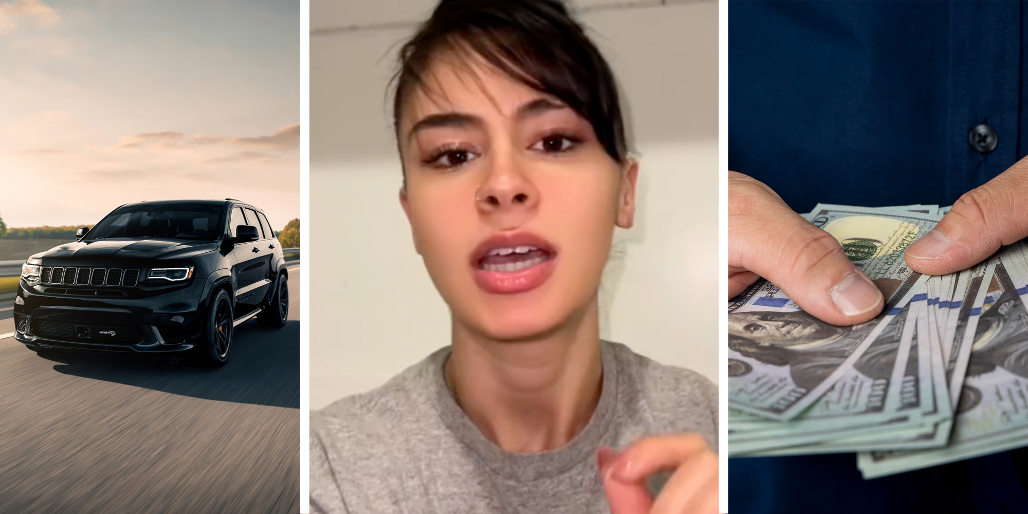 Car on road(l), Woman talking(c), Hands holding money(r)