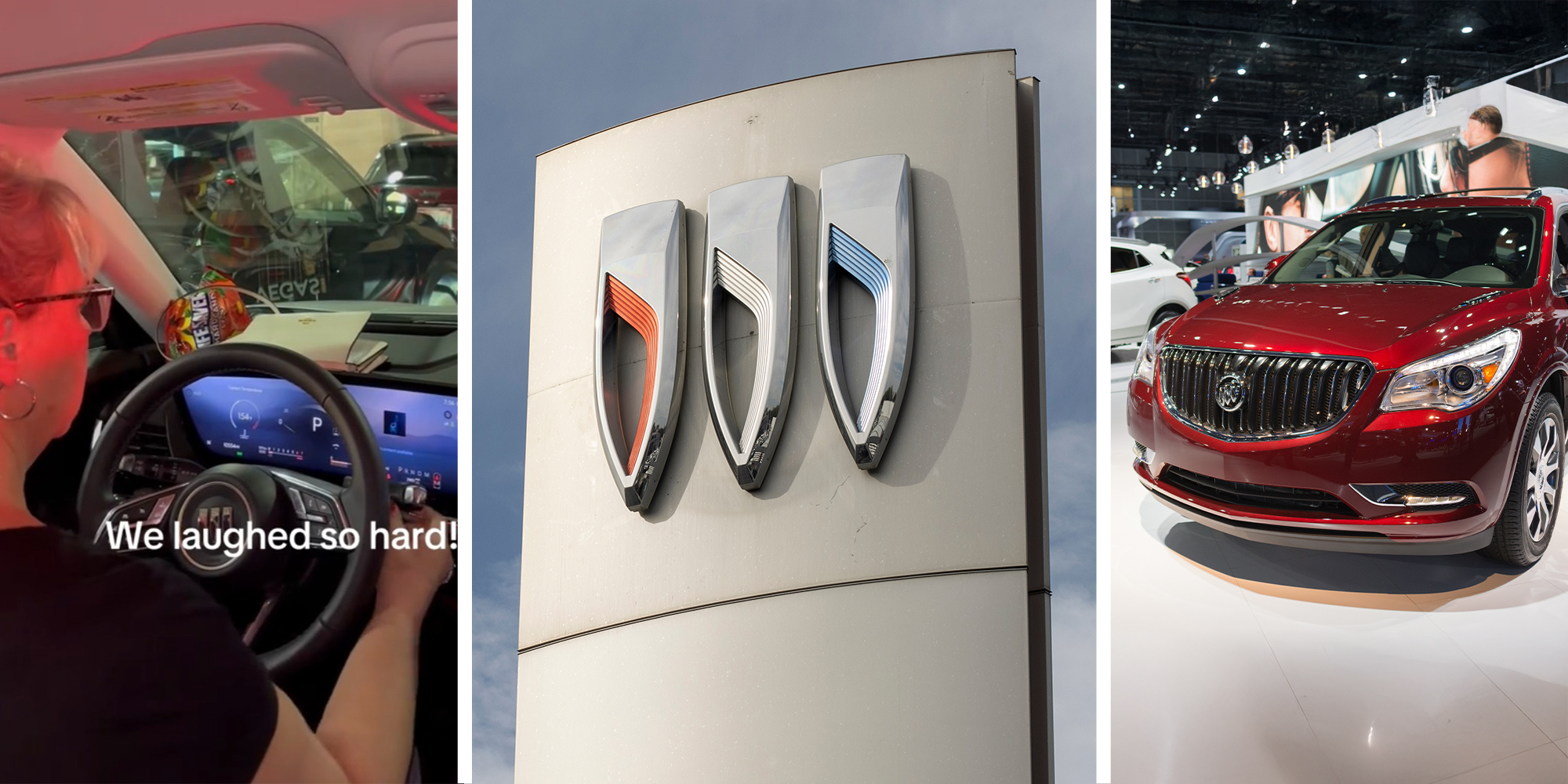woman using buick shifter(l) Buick Dealer Sign(c) Buick SUV(r)