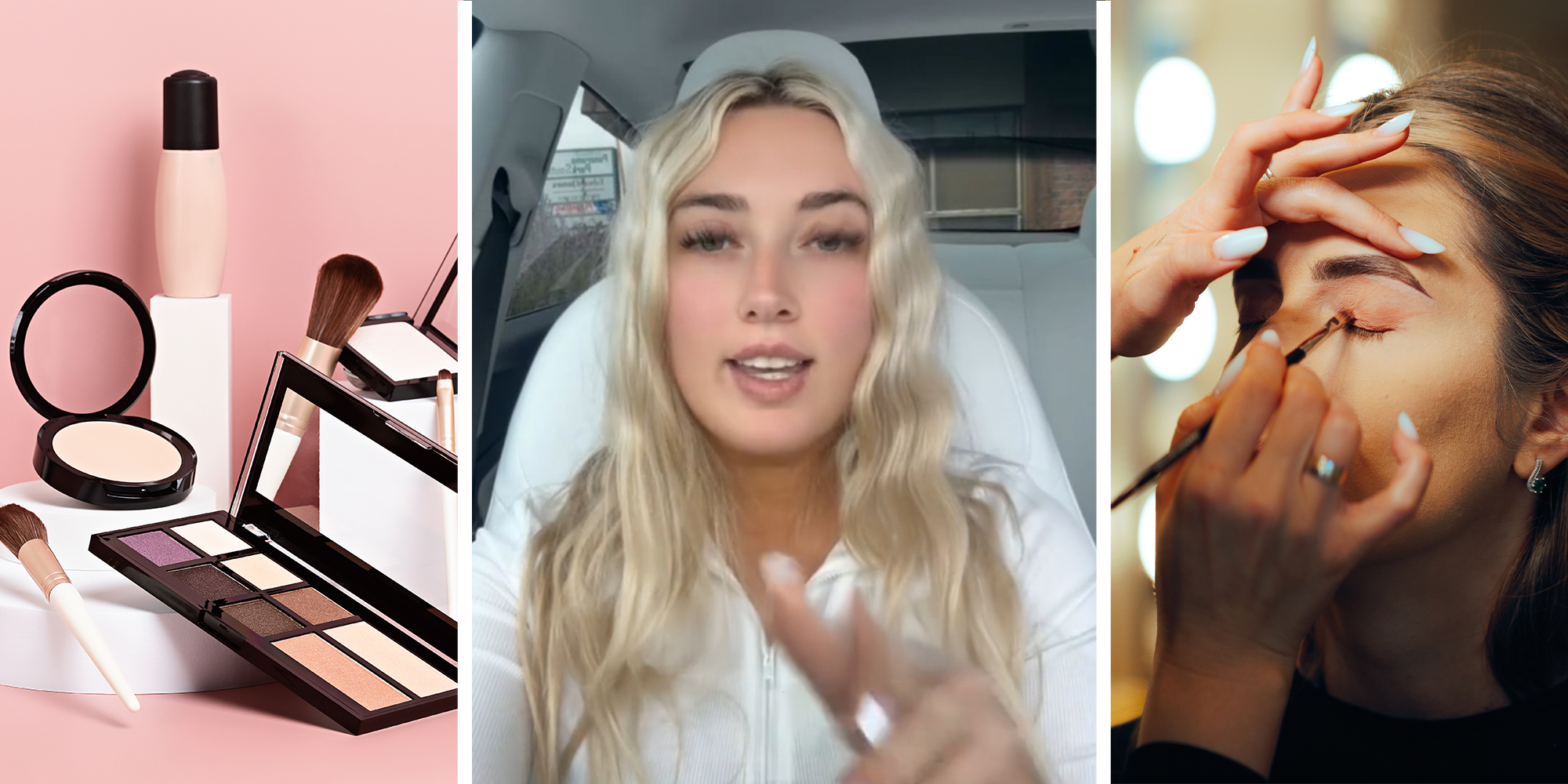 Make up accessories(l) Woman sharing her Makeup artist experience(c) Woman putting on Makeup(r)