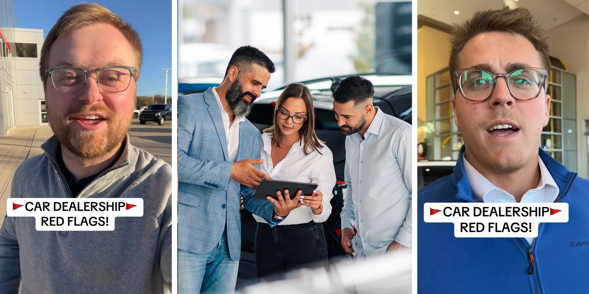 Car Dealer Salesman(l) Car Dealer Making sales with couple(c) Car Dealer Salesman wearing blue jacket(r)