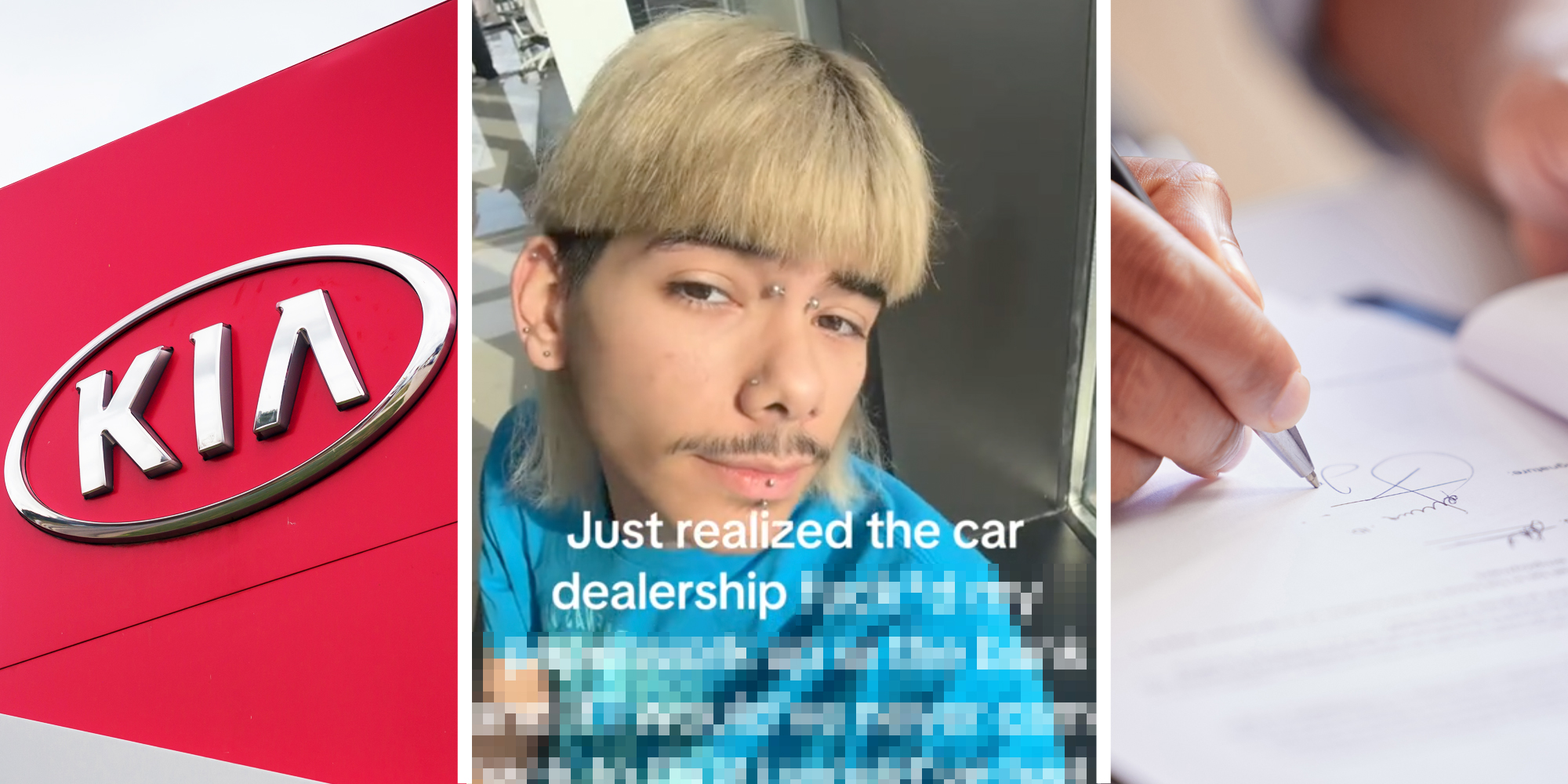 Kia sign(l), Person looking at camera with text that says "just realized the car dealership *muzzed*"(c) Hand holding pen signing document(r)